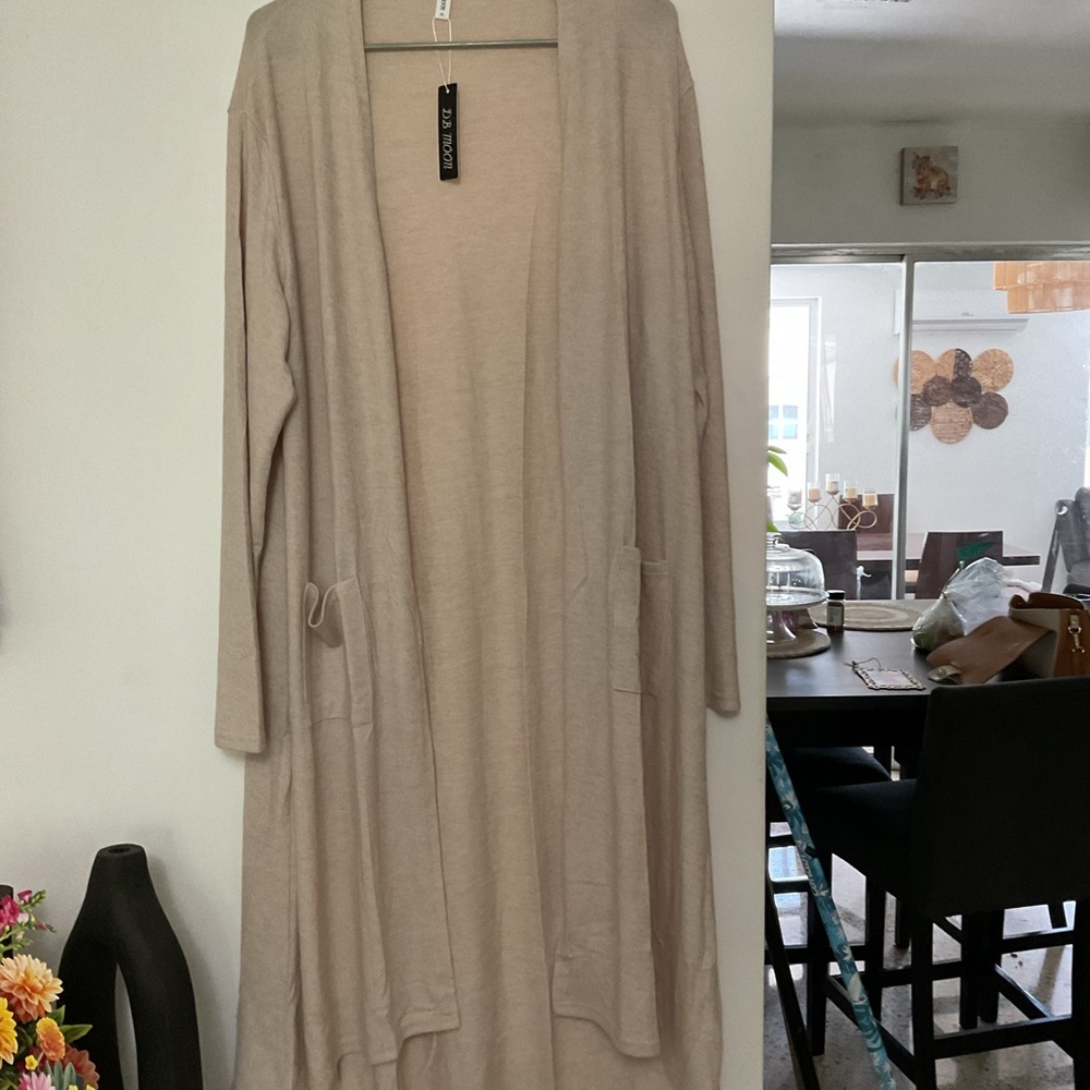 Long Beige Open Front Cardigan